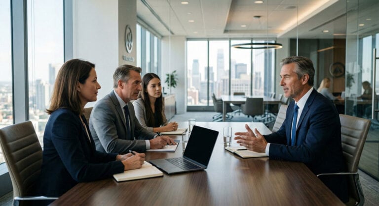 Strategisches Vorstellungsgespräch auf Augenhöhe zwischen einem Executive und dem Aufsichtsrat.