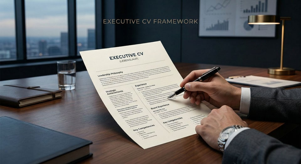 Strategischer Aufbau eines Executive Lebenslaufs für C-Level-Positionen mit Fokus auf Führungserfolge.