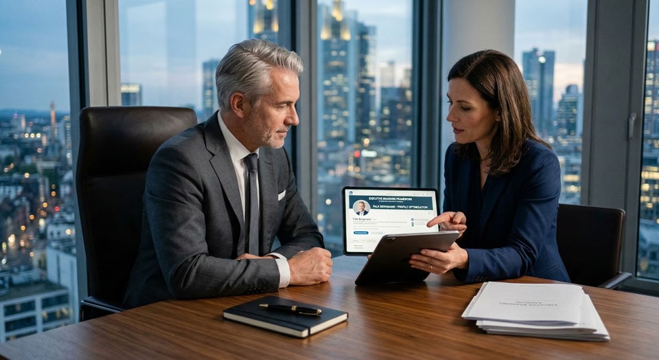 Ein diskretes Beratungsgespräch zwischen einem Executive Search Berater und einer Führungskraft über strategisches Personal Branding und exklusive Mandate.