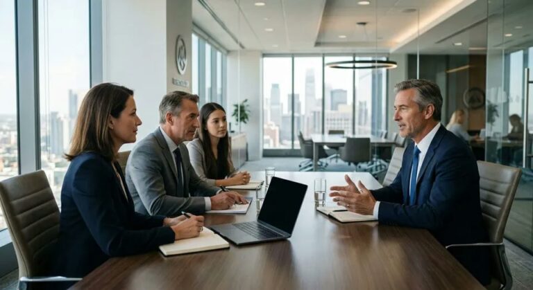 Strategisches Vorstellungsgespräch auf Augenhöhe zwischen einem Executive und dem Aufsichtsrat.