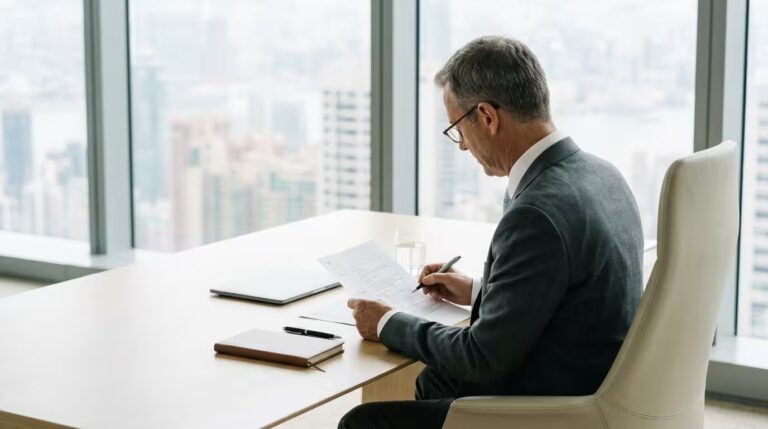 Englischer Lebenslauf für Führungskräfte – zweiseitiger Executive CV mit Executive Summary auf einem eleganten Schreibtisch.