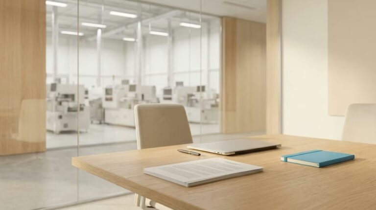 Interim Manager werden: ein Besprechungstisch mit Laptop und Unterlagen in einem hellen Büro, hinter einer Glaswand eine Produktionshalle.