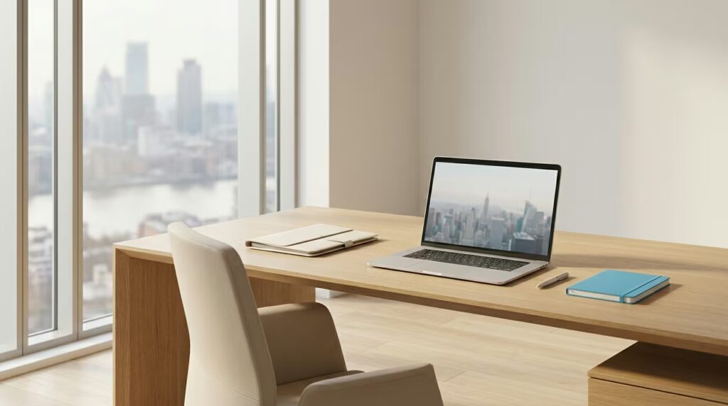 LinkedIn-Hintergrundbild: Schreibtisch aus hellem Holz am Fenster mit Blick auf eine Skyline, darauf ein aufgeklappter Laptop mit Stadtpanorama, eine cremefarbene Mappe und ein hellblaues Notizbuch.