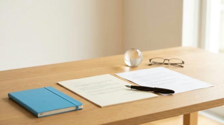Arbeitszeugnis auf Englisch: zwei Zeugnisfassungen nebeneinander auf einem Schreibtisch, darauf ein Füller, daneben ein kleiner Globus und eine Lesebrille