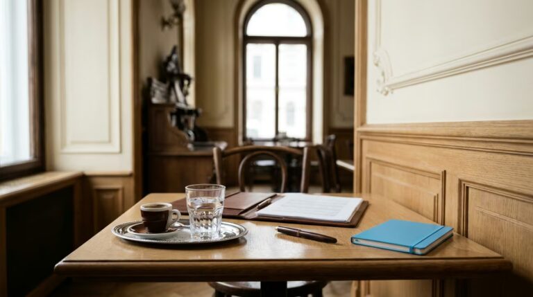 Bewerben in Österreich: Kaffeehaustisch am hohen Fenster mit Kaffee und Wasserglas auf einem Silbertablett, daneben Mappe und Füller