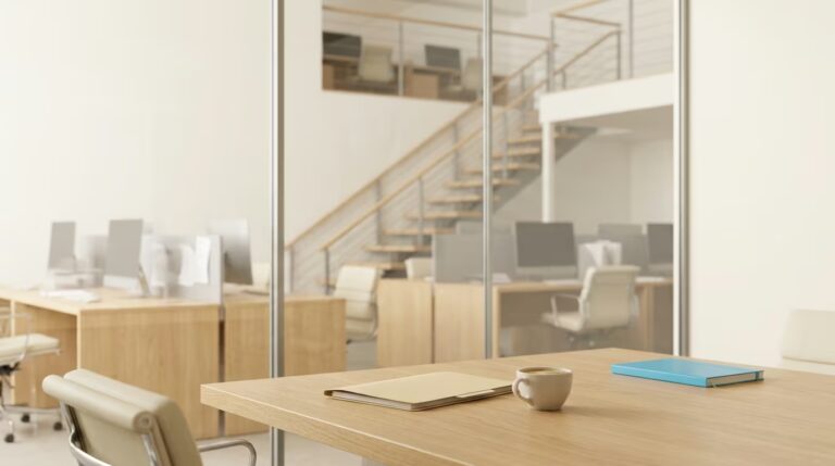Interne Bewerbung als Führungskraft: Besprechungsraum mit Glaswand und Blick auf eine Treppe zur oberen Etage desselben Büros